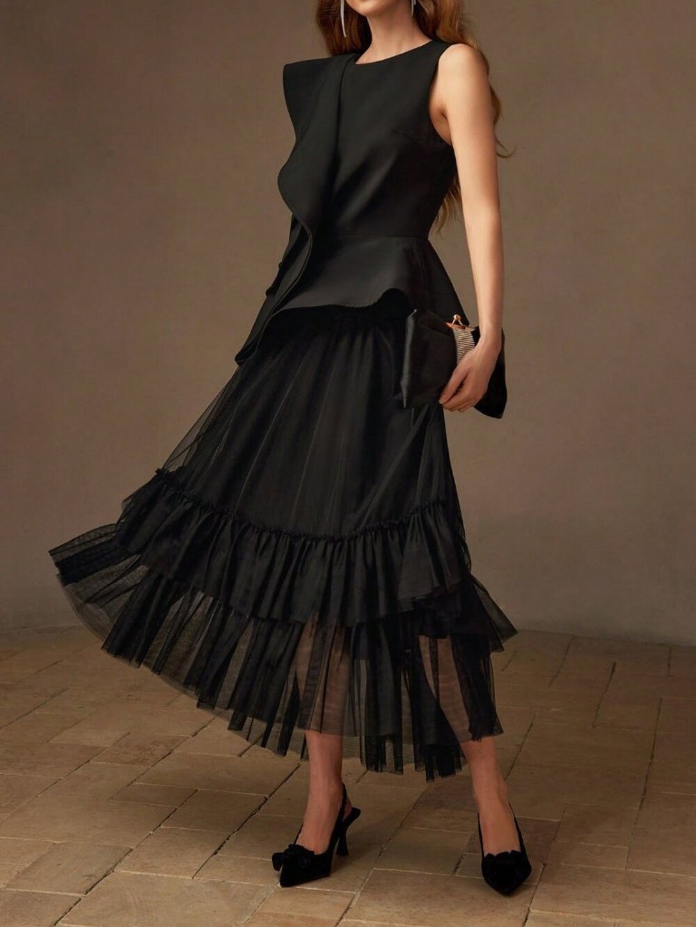 Black Elegant Women's Premium Layered Ruffle Trim Asymmetrical Hem Peplum Top - Picture 8 of 10